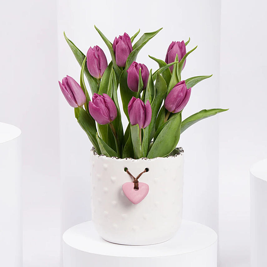 Purple Tulip Exquisite White Vase Purple Tulip Exquisite White Vase: Send Flowers to Saudi Arabia