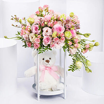 Blooming Rose Stand n Teddy Bear Combo: Send Flowers to Saudi Arabia