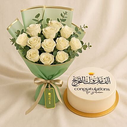 Elegant Graduation Cake N White Flower Bouquet Combo: Gifts To Mecca