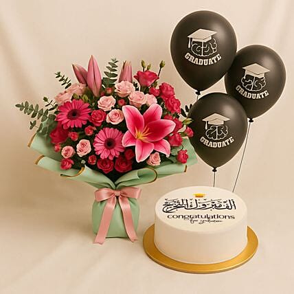 Grand Graduation Pink Flower Bouquet With Cake N Balloons: 