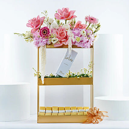 Luxurious Floral Stand With Dior Perfume N Chocolates Combo: 