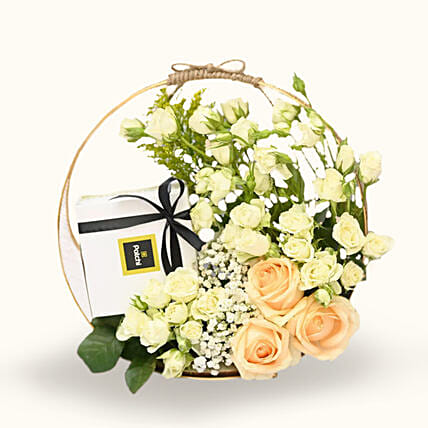 Mixed Roses And Chocolates Circular Frame: Same Day Gifts Delivery to Saudi Arabia