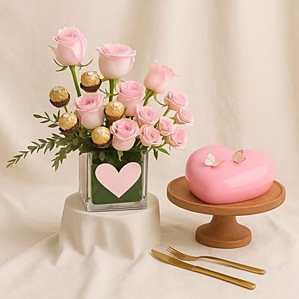 Pink Bliss Vase N Heart Shape Cake: 