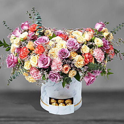 Premium Mixed Flowers White Box Arrangement: Send Anniversary Flowers to Saudi Arabia