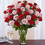 50 Red And Pink Roses In A Glass Vase