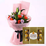 Elegant Flower Bouquet & Ferrero Rocher 12 Pcs