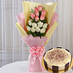 Pink White Roses & Tiramisu Cake 12 Portions