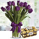 Royal Purple Tulips & Ferrero Rocher 16 Pcs
