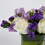 Fascinating White Roses Purple Flowers in Glass Vase