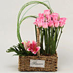 Roses & Lilies In Cane Basket