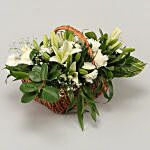 White Lilies & Carnations In Handle Cane Basket