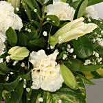White Lilies & Carnations In Handle Cane Basket