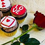 Cute Love Red Velvet Cup Cakes Set of 4 With Rose