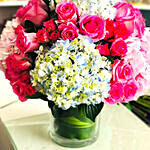 Striking Mixed Hydrangea & Roses Glass Vase Arrangement