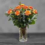 12 Beautiful Orange Roses Glass Vase Arrangement