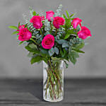 12 Lovely Pink Roses Glass Vase Arrangement