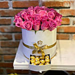 Pink Roses Round Box Chocolates Arrangement