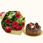 Chocolate Cake with Bunch of 6 Red Roses