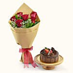 Chocolate Cake with Bunch of 6 Red Roses