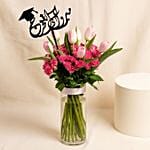 Elegant Pink Tulip And Baby Rose Bouquet In Vase For Graduation