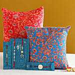 Family Rakhi Set With 2 Floral Print Cushions