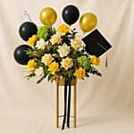 Flower Stand With Festive Balloons N Graduation Hat