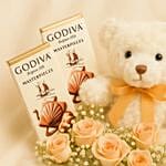 Godiva Chocolate Rose Basket N Teddy Bear