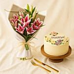 MomS Lilies Bouquet N Delightful Cake