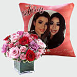 Personalised Birthday Cushion And Roses Arrangement