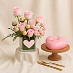 Pink Bliss Vase N Heart Shape Cake