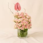 Pink Ribbon Anthurium And Roses Vase