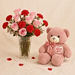 Raqia 21 Red N Pink Flower Vase With Teddy Bear