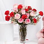 Raqia 21 Red N Pink Flower Vase With Teddy Bear