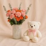 Rose And Carnation Flower Vase N Teddy Bear