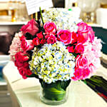 Striking Mixed Hydrangea & Roses Glass Vase Arrangement