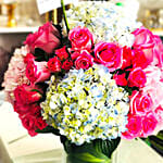 Striking Mixed Hydrangea & Roses Glass Vase Arrangement