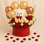 Teddy N Balloons Flower Box With Chocolates