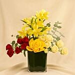 Yellow Lily N Roses Square Vase