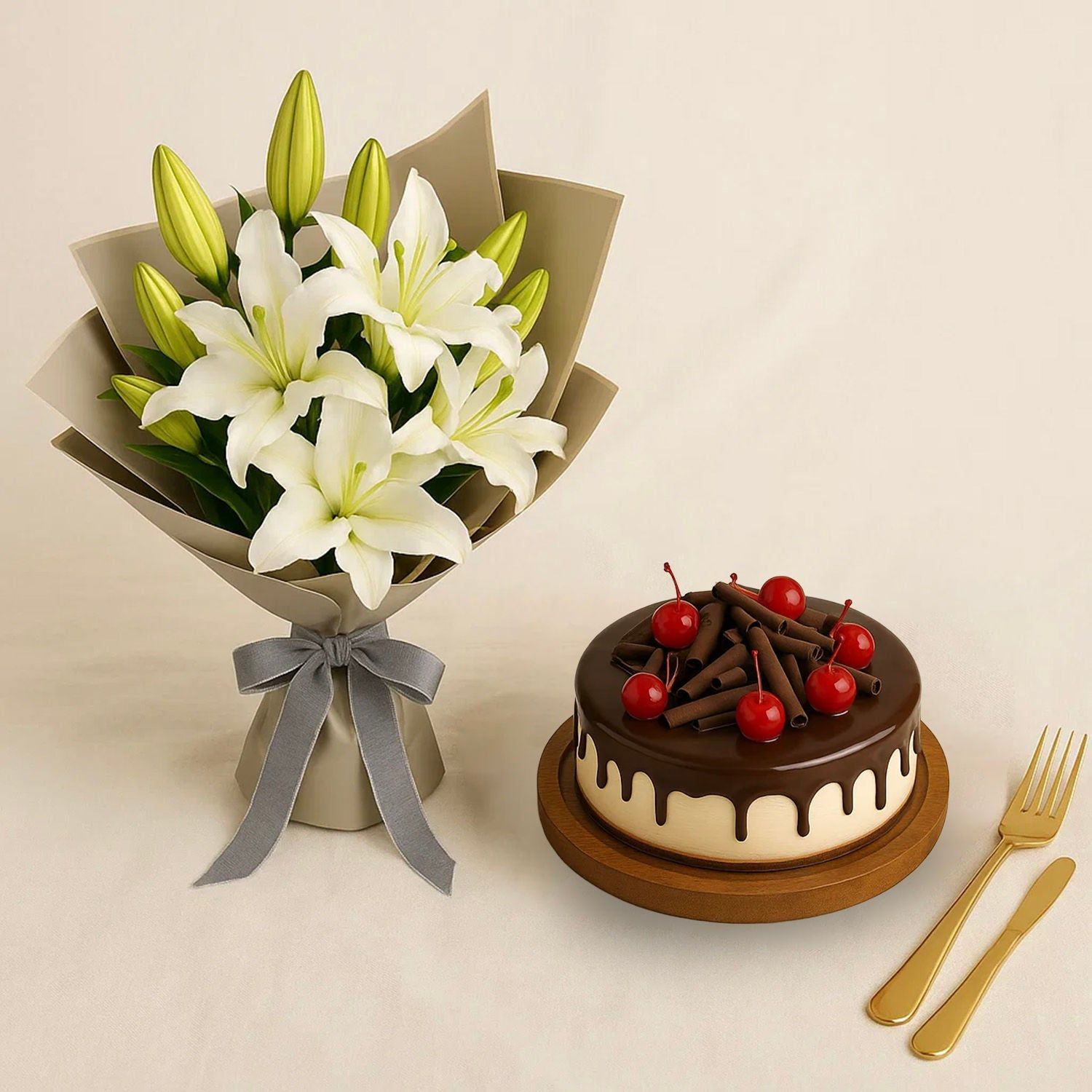 Online White Lily Flower Bouquet N Cake Combo Gift Delivery in Saudi ...