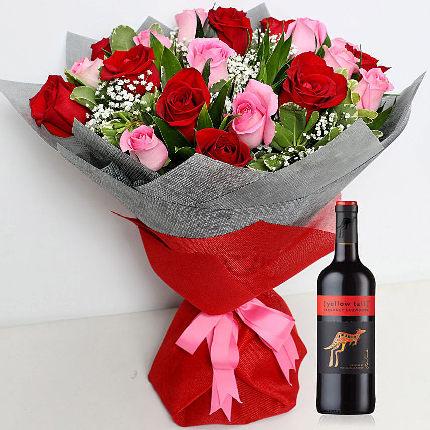 20 Red and Pink roses Bunch With Tesco Rosso Wine