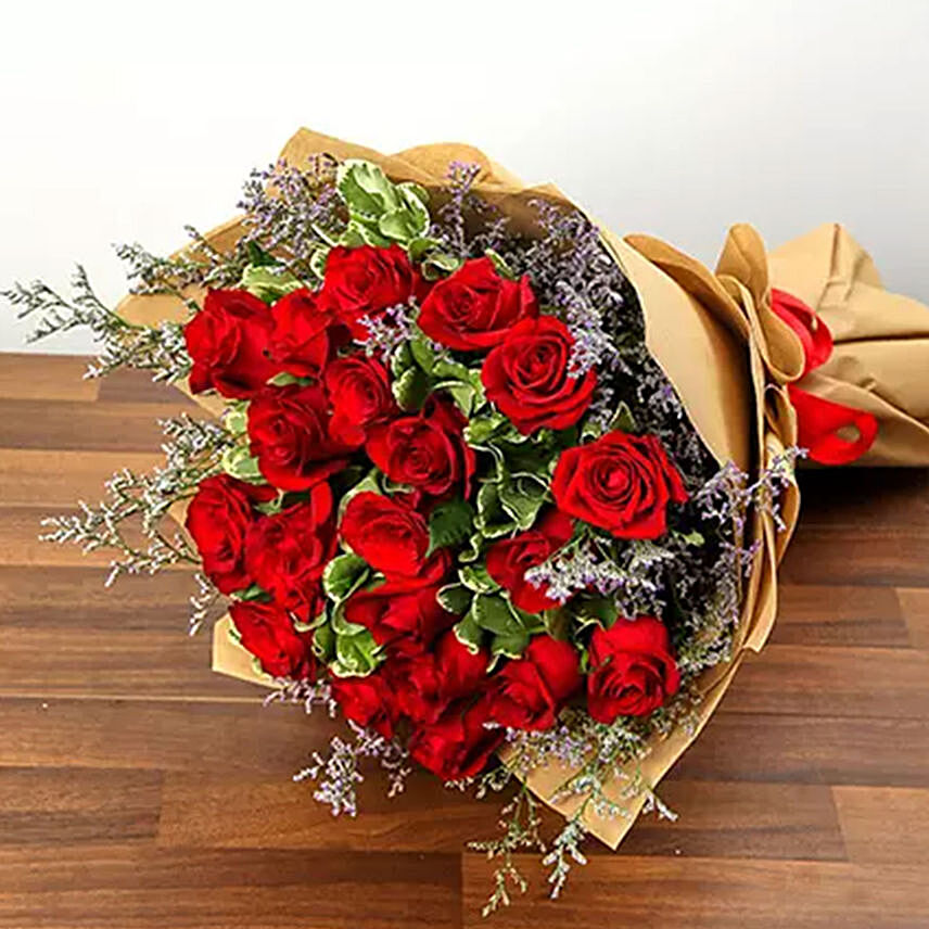 20 Red Roses Bunch With Green Fillers