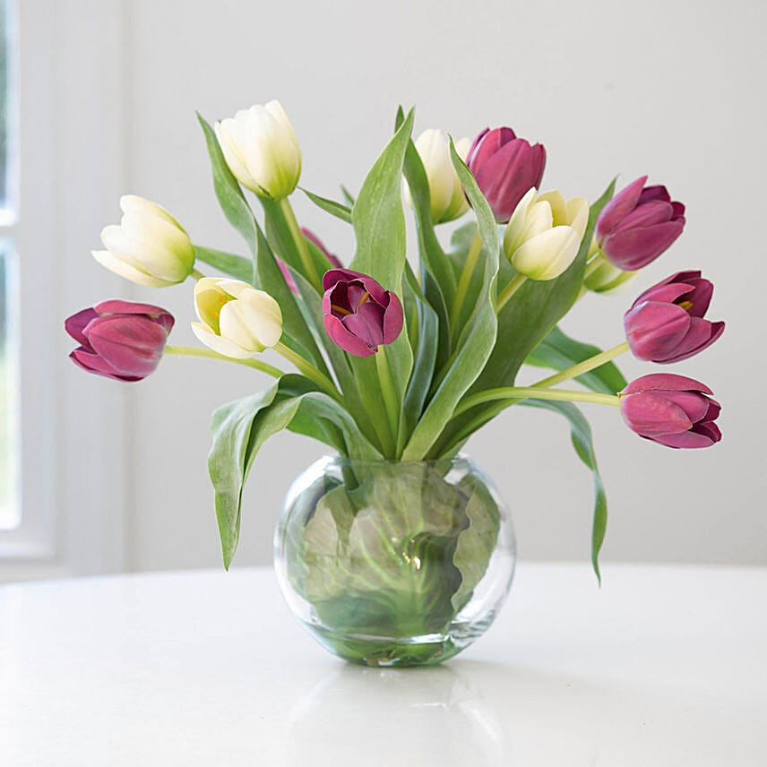 Beautiful Multicolored Tulips Glass Vase