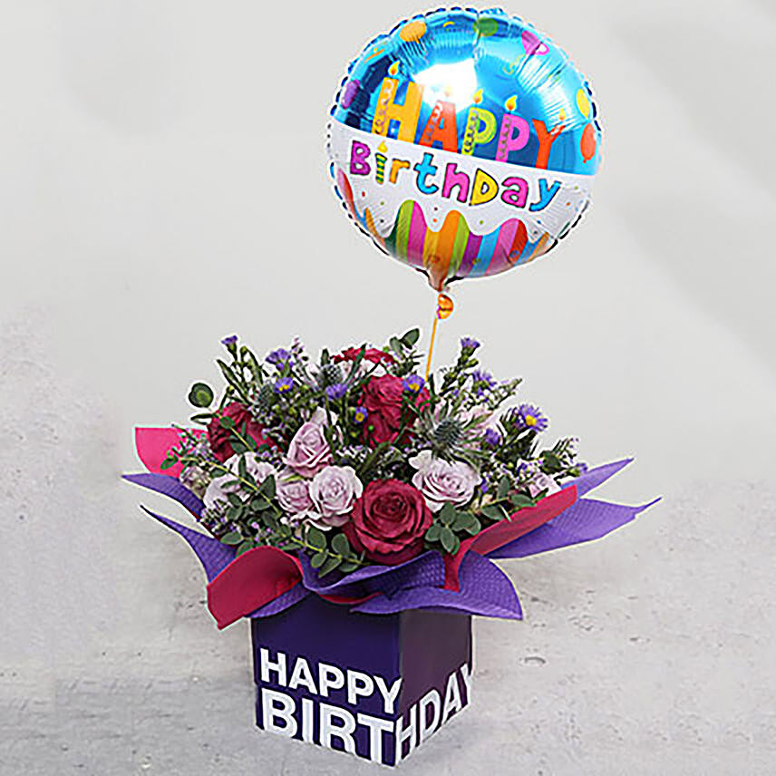 Birthday Flower Arrangement With Birthday Balloon