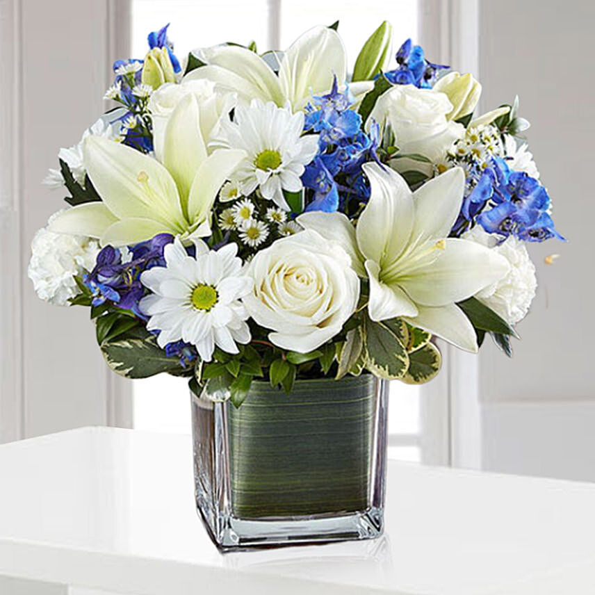 Blue And White Blooms Glass Vase