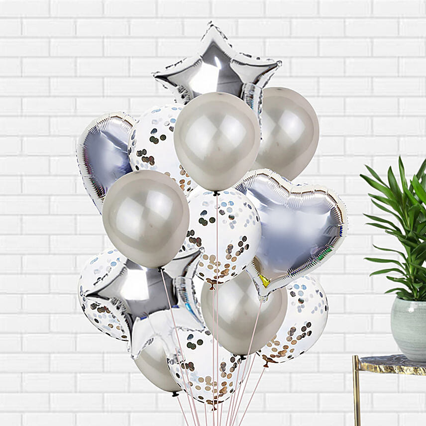 Bouquet Of 12 Silver Latex And Foil Balloon