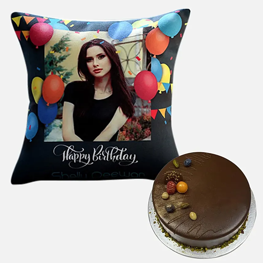 Chocolate Cake With Personalised Birthday Cushion