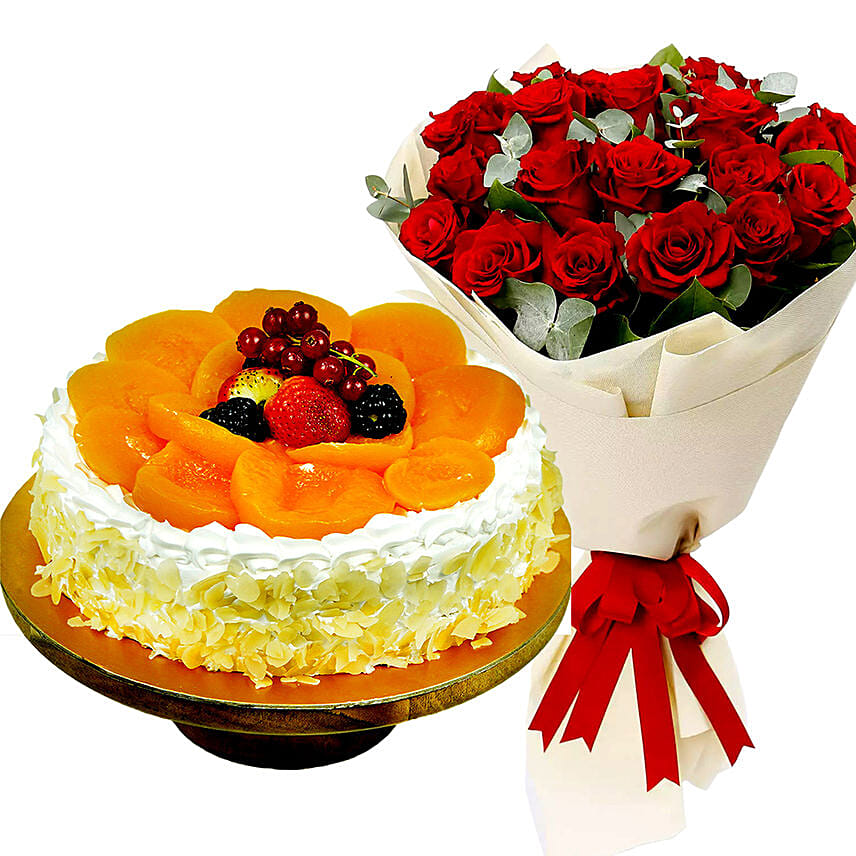 Fruit Cake And Red Rose Bouquet