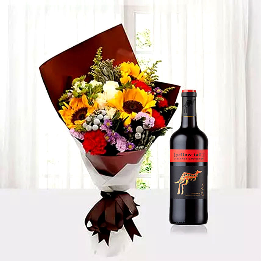 Mixed Flowers Bouquet With Red Wine