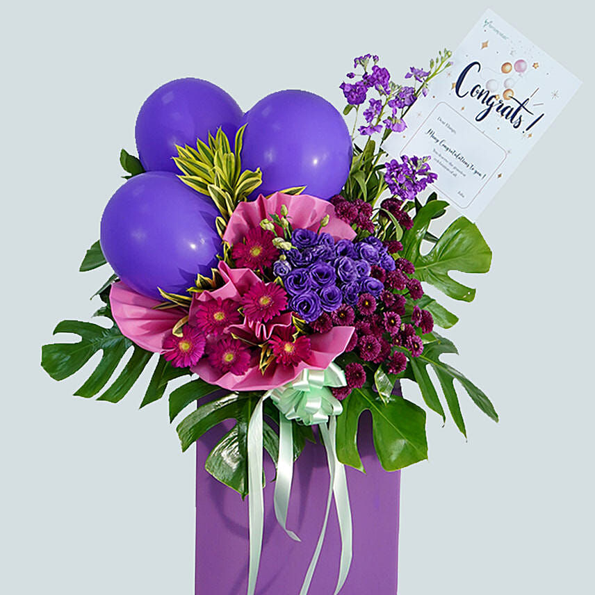 Mixed Flowers Purple Balloons Cardboard Stand