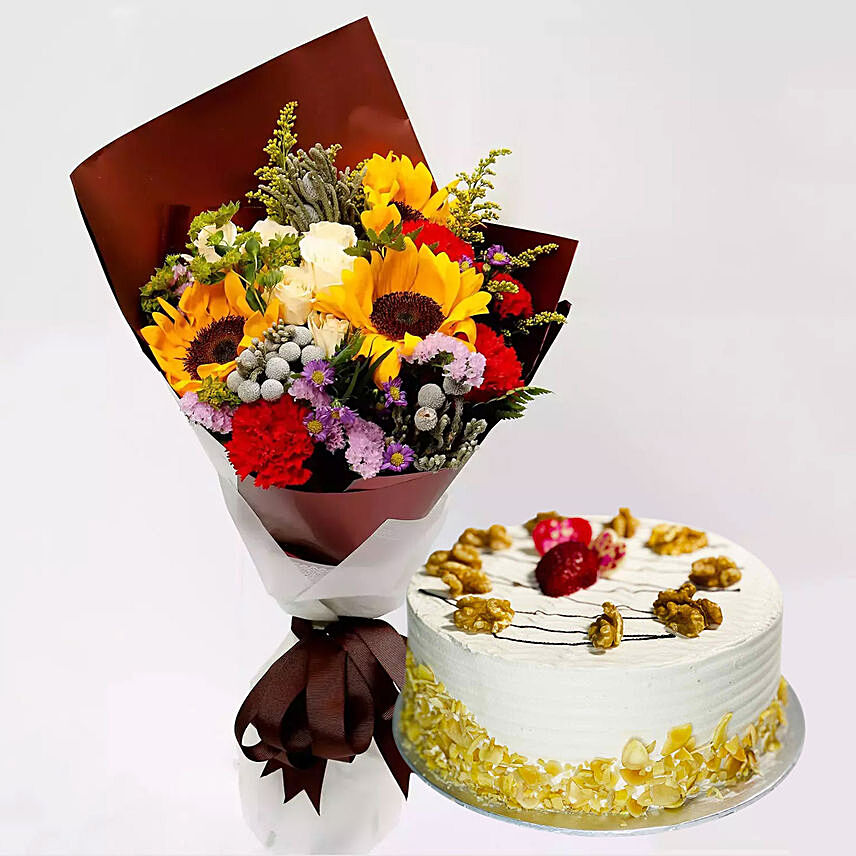 Mocha Cake And Beautiful Floral Bouquet